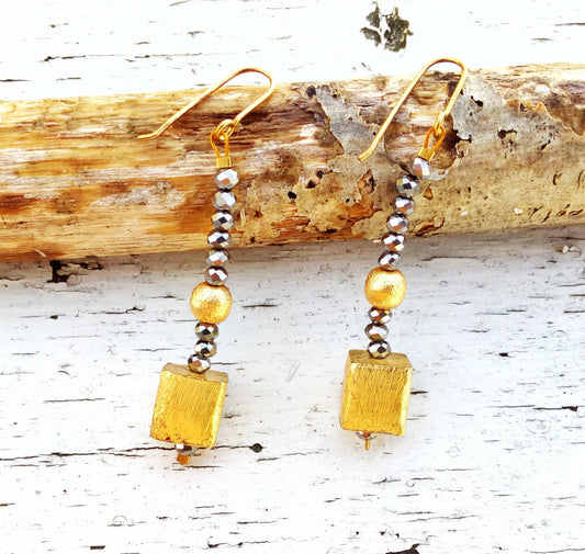 Cube Earrings, Geometric Gold Earrings, Black Onyx Earrings