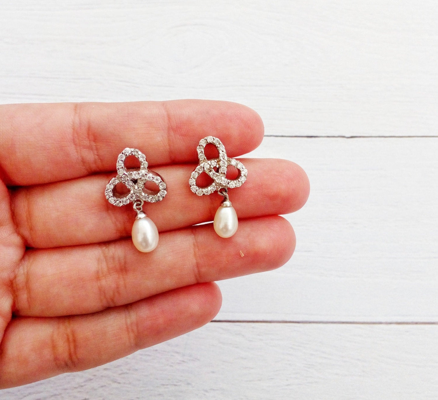 Silver Bridal Pearl Drops, Fine Silver Cz Earrings