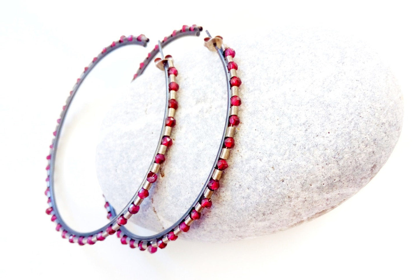 Red Ruby Earrings, Large Silver Hoop Earrings