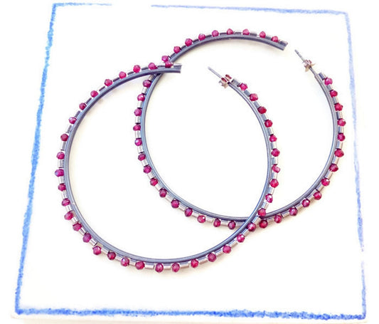 Red Ruby Earrings, Large Silver Hoop Earrings