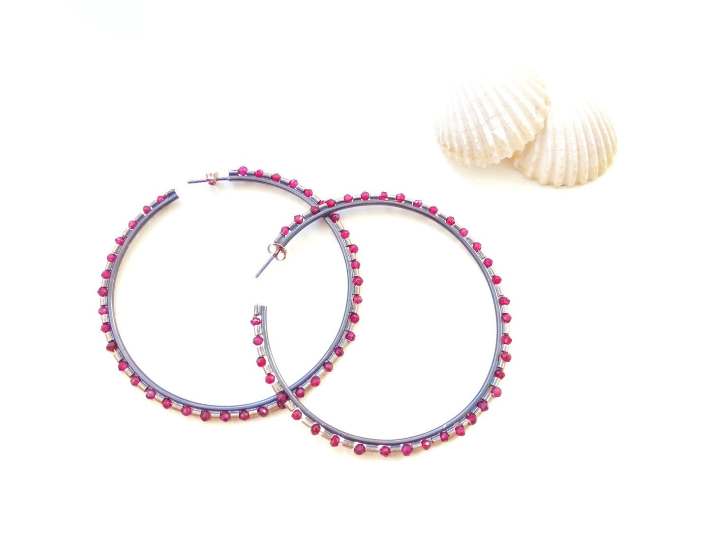 Red Ruby Earrings, Large Silver Hoop Earrings