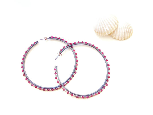 Red Ruby Earrings, Large Silver Hoop Earrings