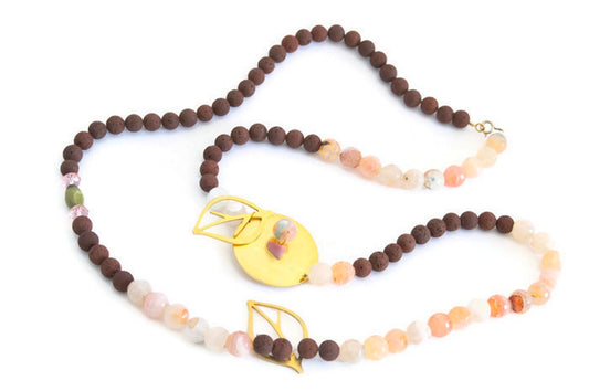 Tourmaline Necklace With Gold Plated Bronze Leaves, Lava Stone Necklace
