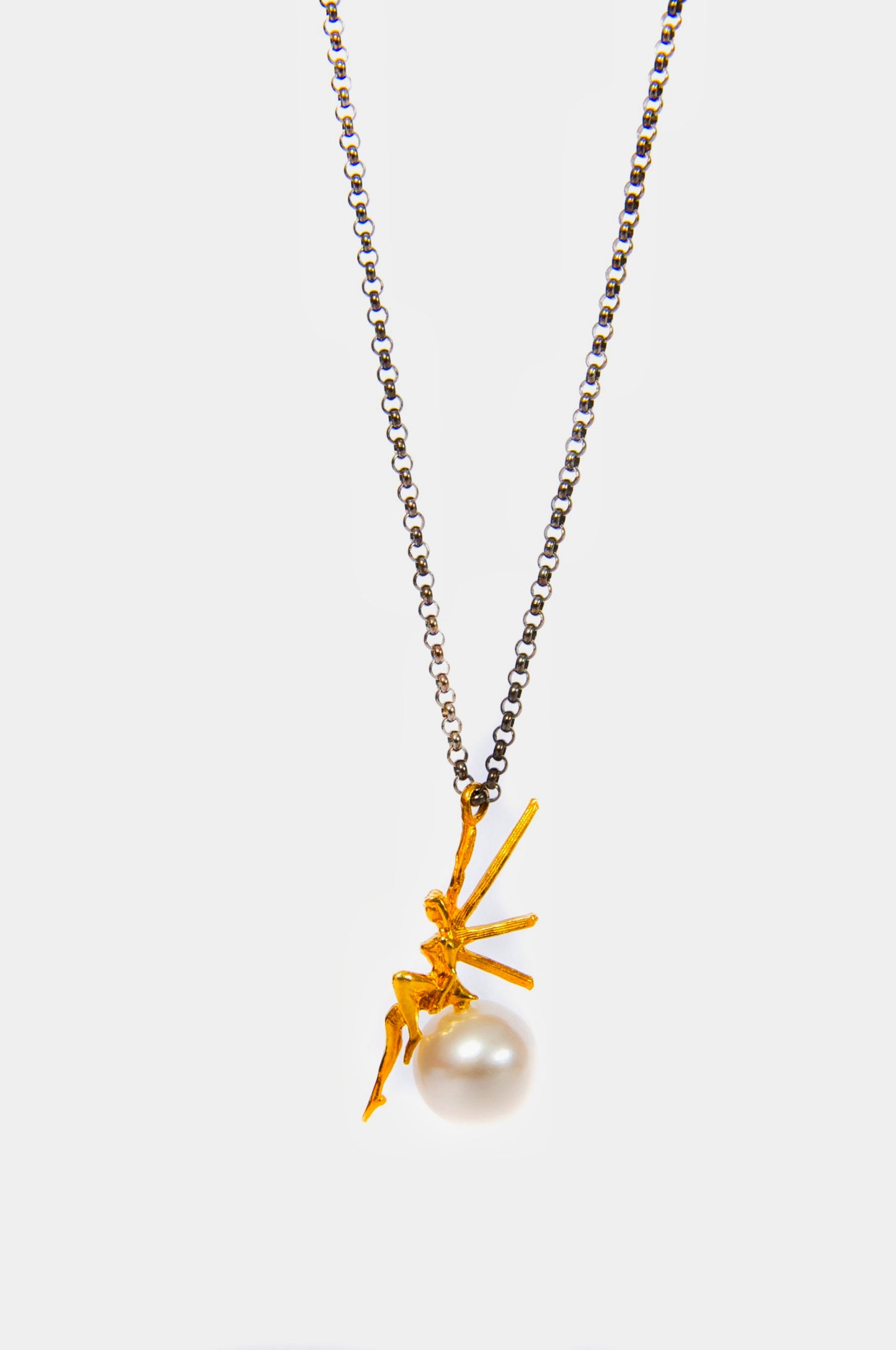 14k Gold Single Pearl Necklace With Fairy In Oxidized Long Layered Silver Chain, Newborn Gift From Godmother