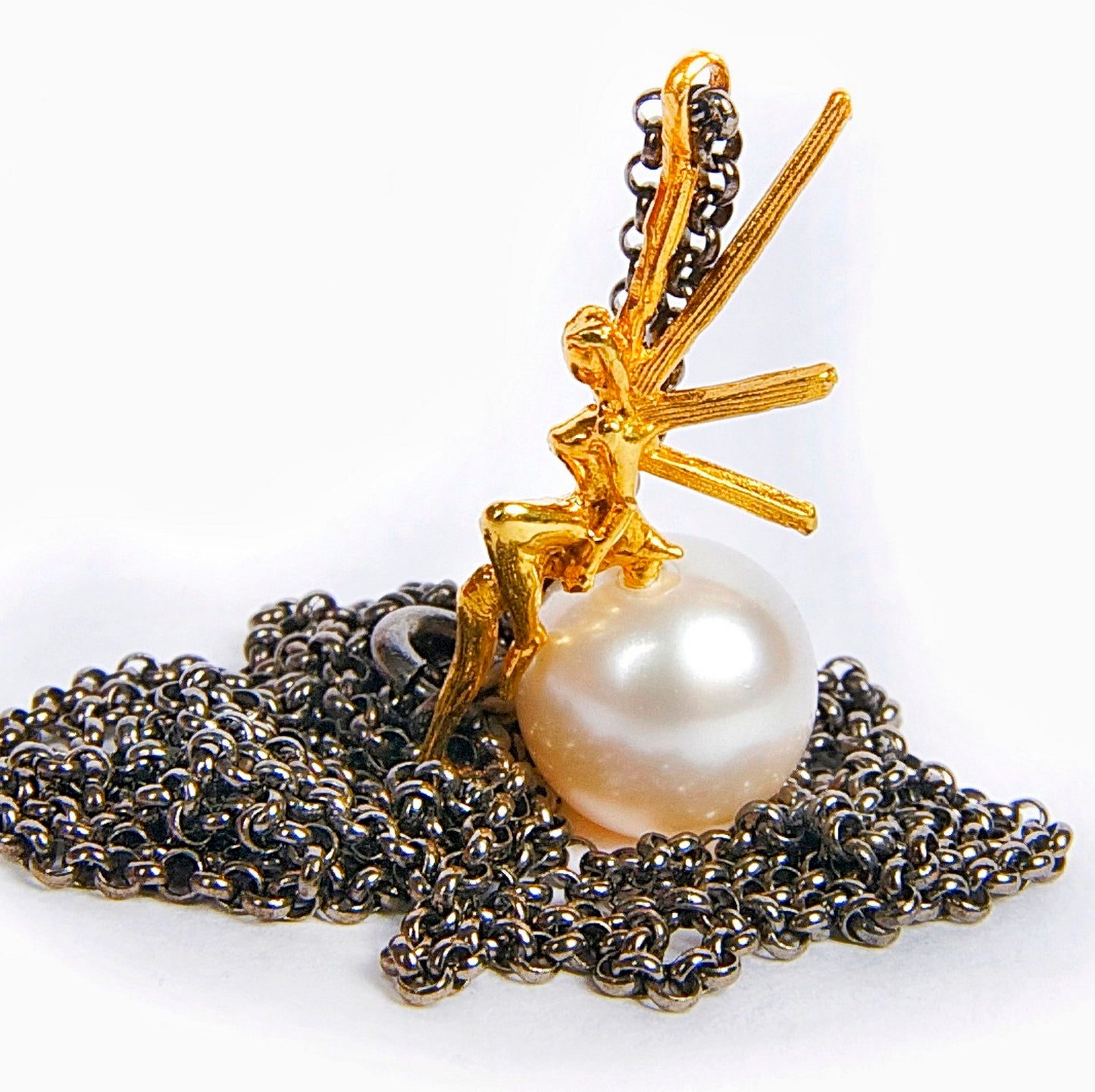 14k Gold Single Pearl Necklace With Fairy In Oxidized Long Layered Silver Chain, Newborn Gift From Godmother