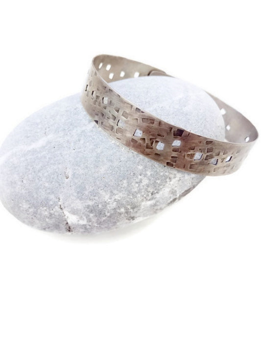 Hammered Silver Bangle, Wide Flat Bangle Bracelet With Pattern