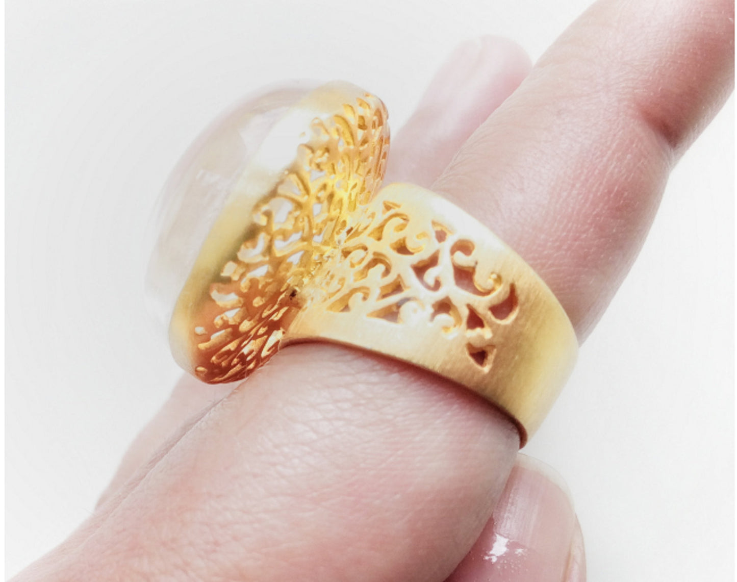 Gold Chunky Statement Ring, Clear Quartz Ring Size 7 3/4