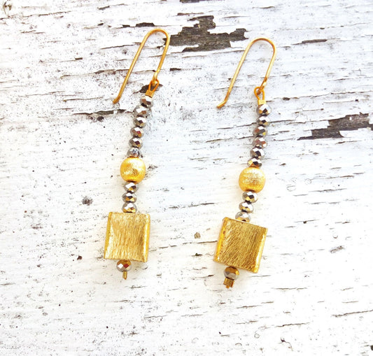 Cube Earrings, Geometric Gold Earrings, Black Onyx Earrings