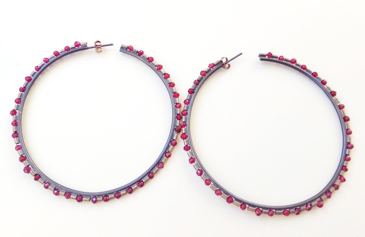 Red Ruby Earrings, Large Silver Hoop Earrings