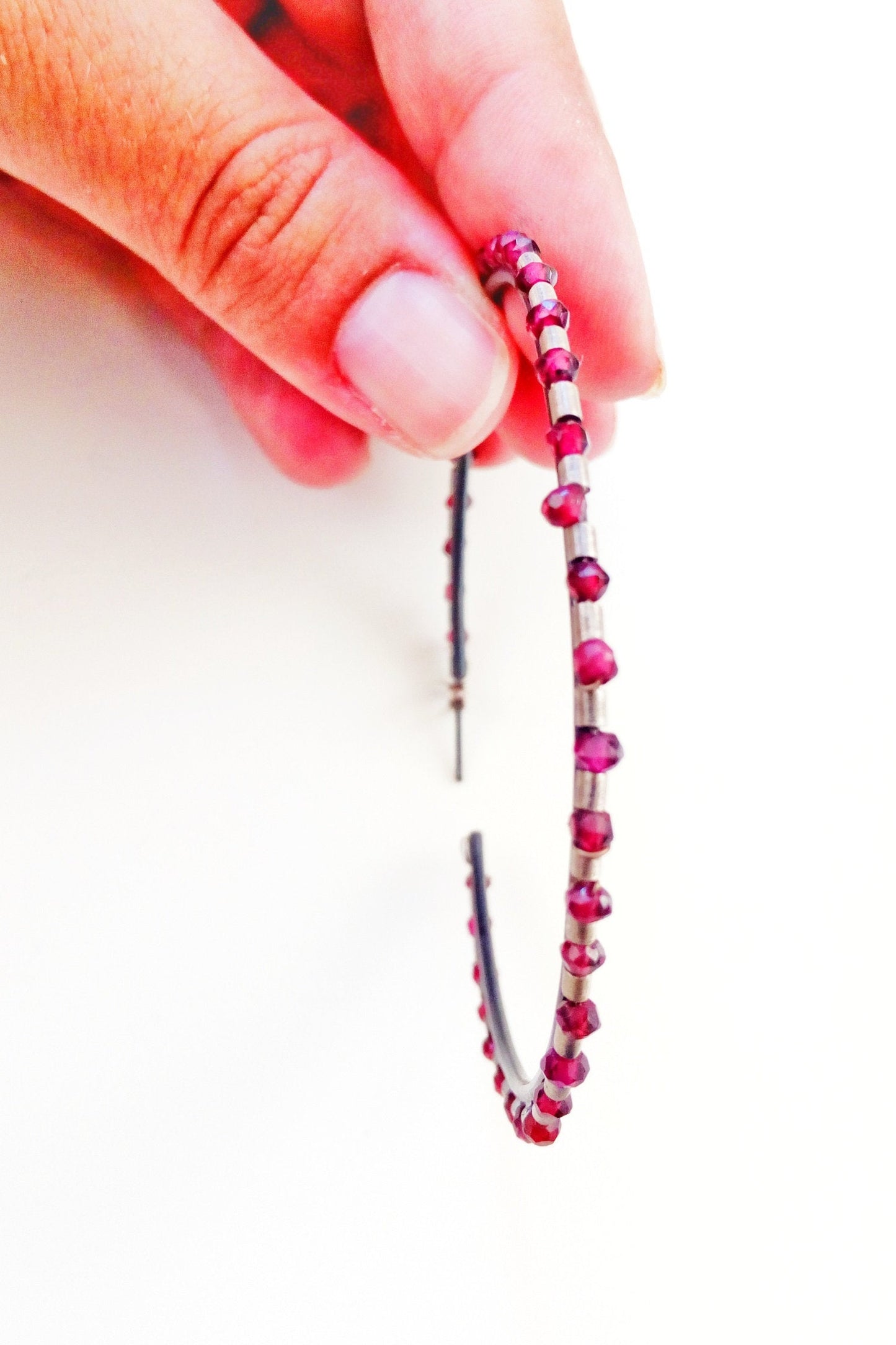 Red Ruby Earrings, Large Silver Hoop Earrings