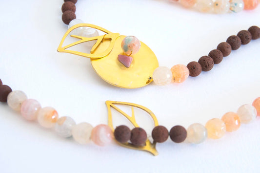 Tourmaline Necklace With Gold Plated Bronze Leaves, Lava Stone Necklace