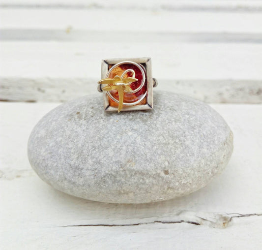Silver Dragonfly Ring, Adjustable Square Ring