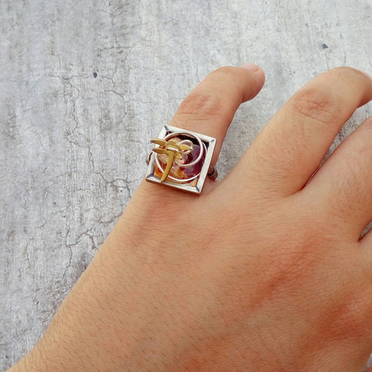 Silver Dragonfly Ring, Adjustable Square Ring