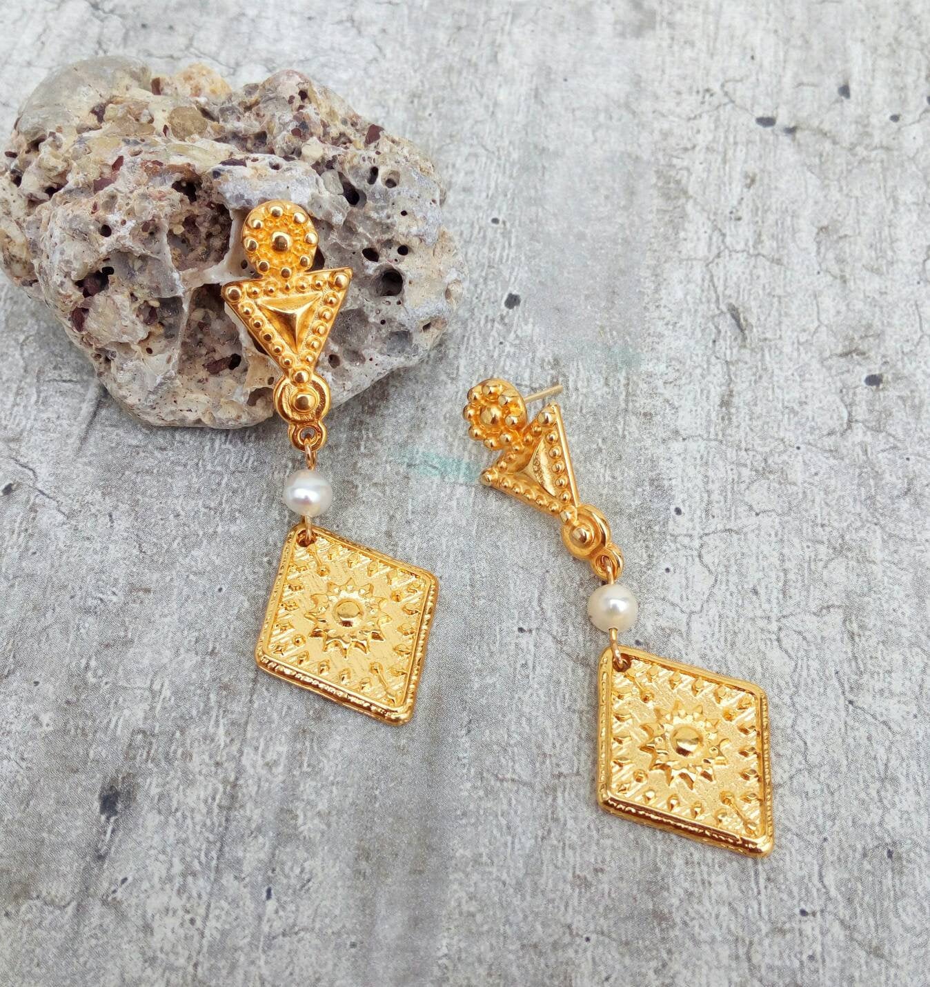 22k Gold Plated Pearl Earrings, Long Stud Earrings, Etruscan Jewelry For Her