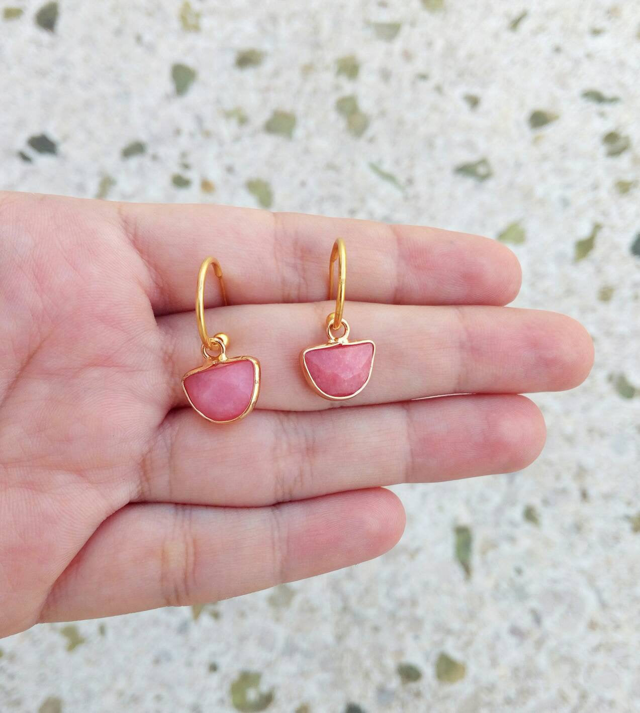 Pink Gemstone Hoop Earrings, Jade Earrings, Minimal Hoops Gift For Her