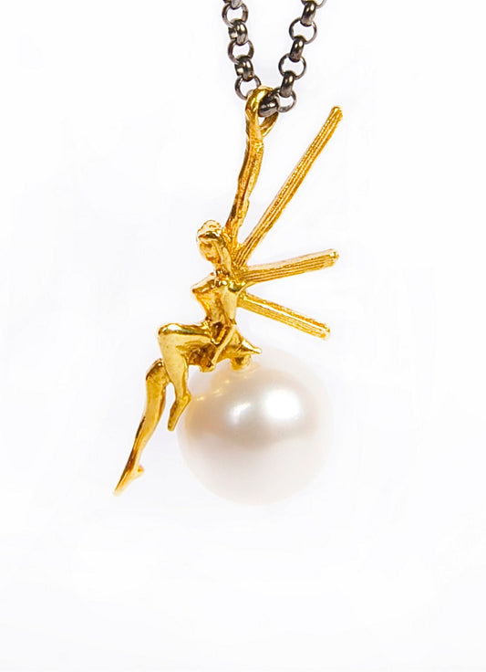 14k Gold Single Pearl Necklace With Fairy In Oxidized Long Layered Silver Chain, Newborn Gift From Godmother