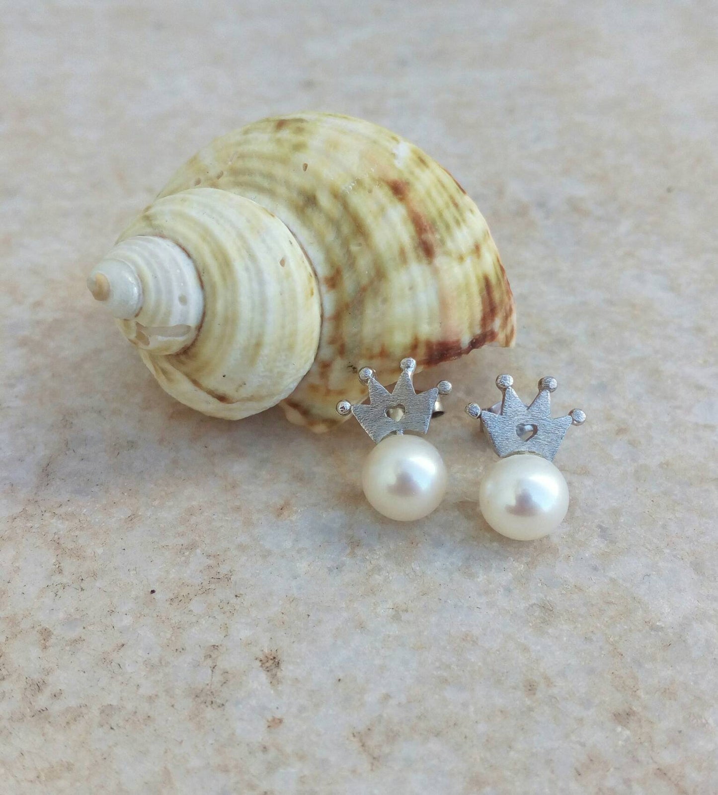 White Gold Pearl Earrings, 14k Gold Crown Earrings For Bride