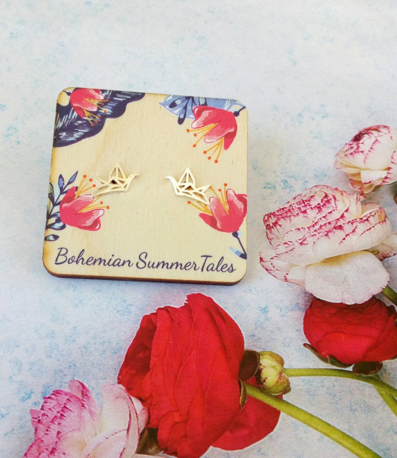 Origami Crane Earrings, Tiny Silver Studs, Japanese Gifts For Her