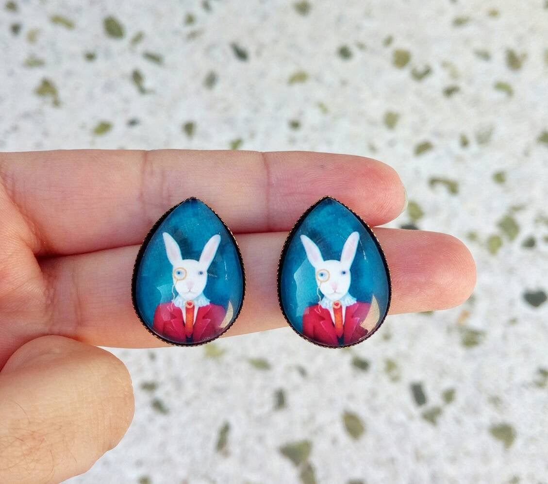 Bunny Earrings, Anthropomorphic Art Jewelry, Rabbit With Monocle