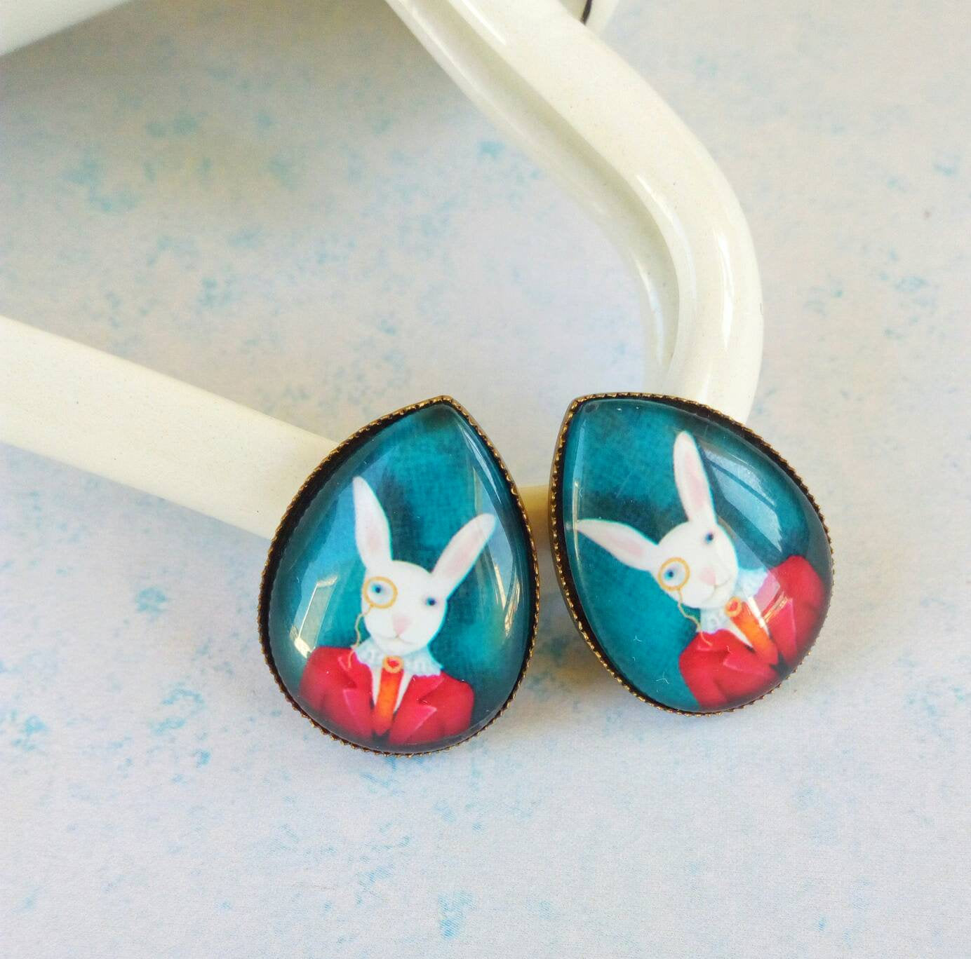 Bunny Earrings, Anthropomorphic Art Jewelry, Rabbit With Monocle