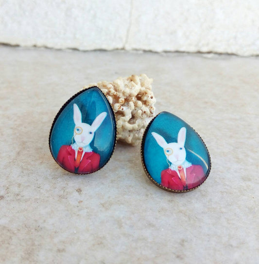Bunny Earrings, Anthropomorphic Art Jewelry, Rabbit With Monocle