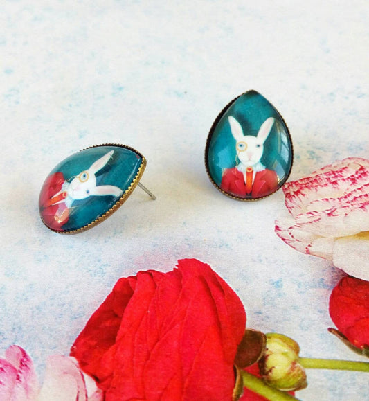Bunny Earrings, Anthropomorphic Art Jewelry, Rabbit With Monocle