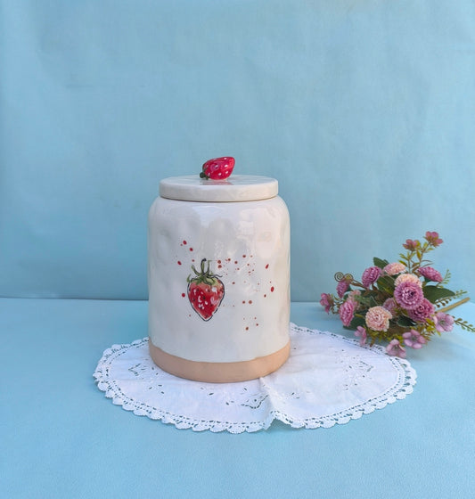 Large Cookie Jar, Cute Strawberry Candy Jar, Handmade Ceramic Jar