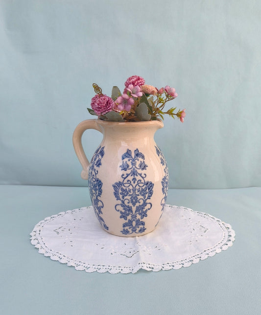 Delft Blue Ceramic Vase, Floral Chinoiserie Water Pitcher