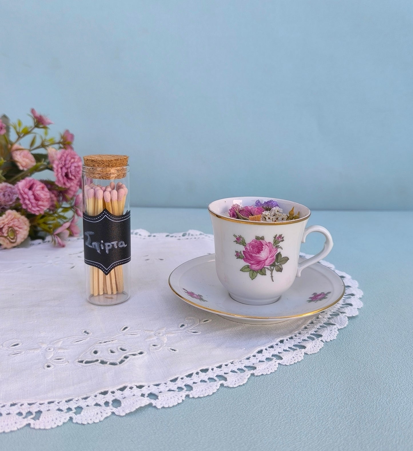 Vintage Teacup Candle And Saucer Gift Box, Soy Wax Candle with Matches