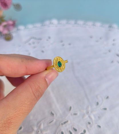 Emerald Green Zircon Ring, 22k Gold Plated Silver Oval Byzantine Ring