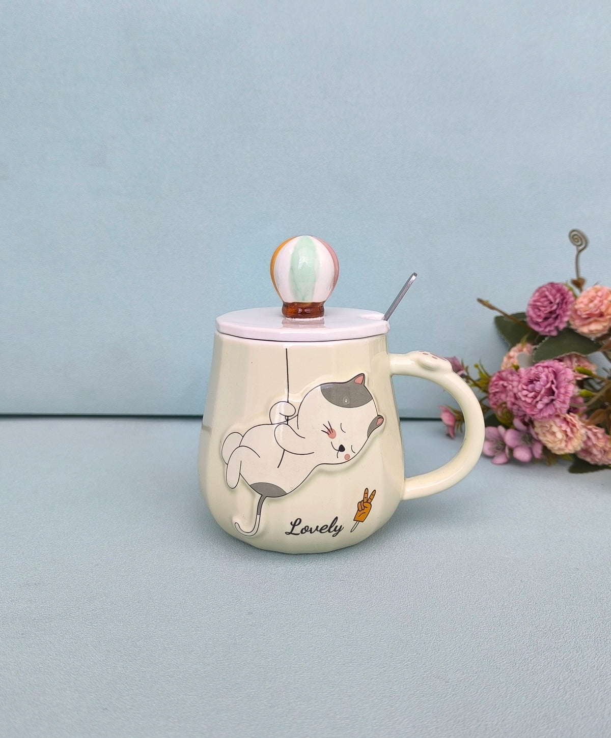 Cat Ceramic Mug with Balloon Lid