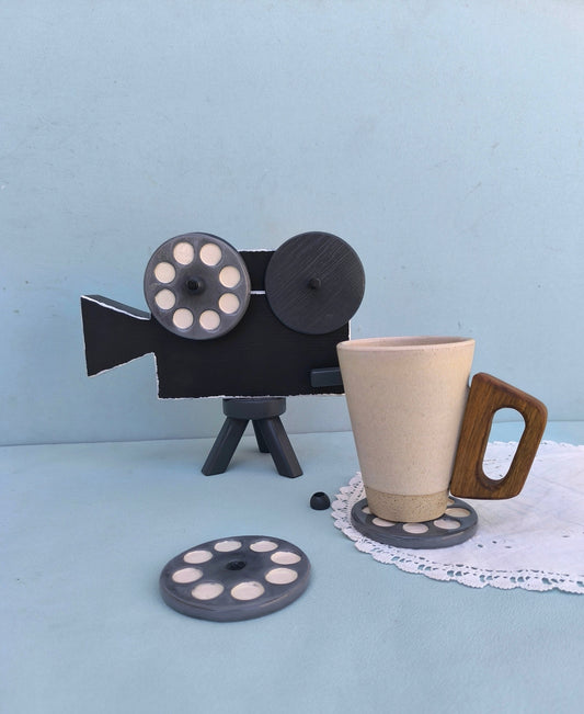 Vintage Film Movie Camera Coasters Holder with Set of 4 Ceramic Film Coasters, Filmmaker Gift Idea