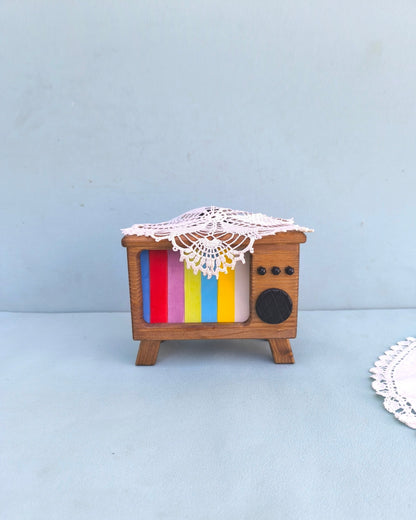 Old TV with Ceramic Colorful Coasters, Coasters Set of 4 With Wooden Holder, Retro Home Decor