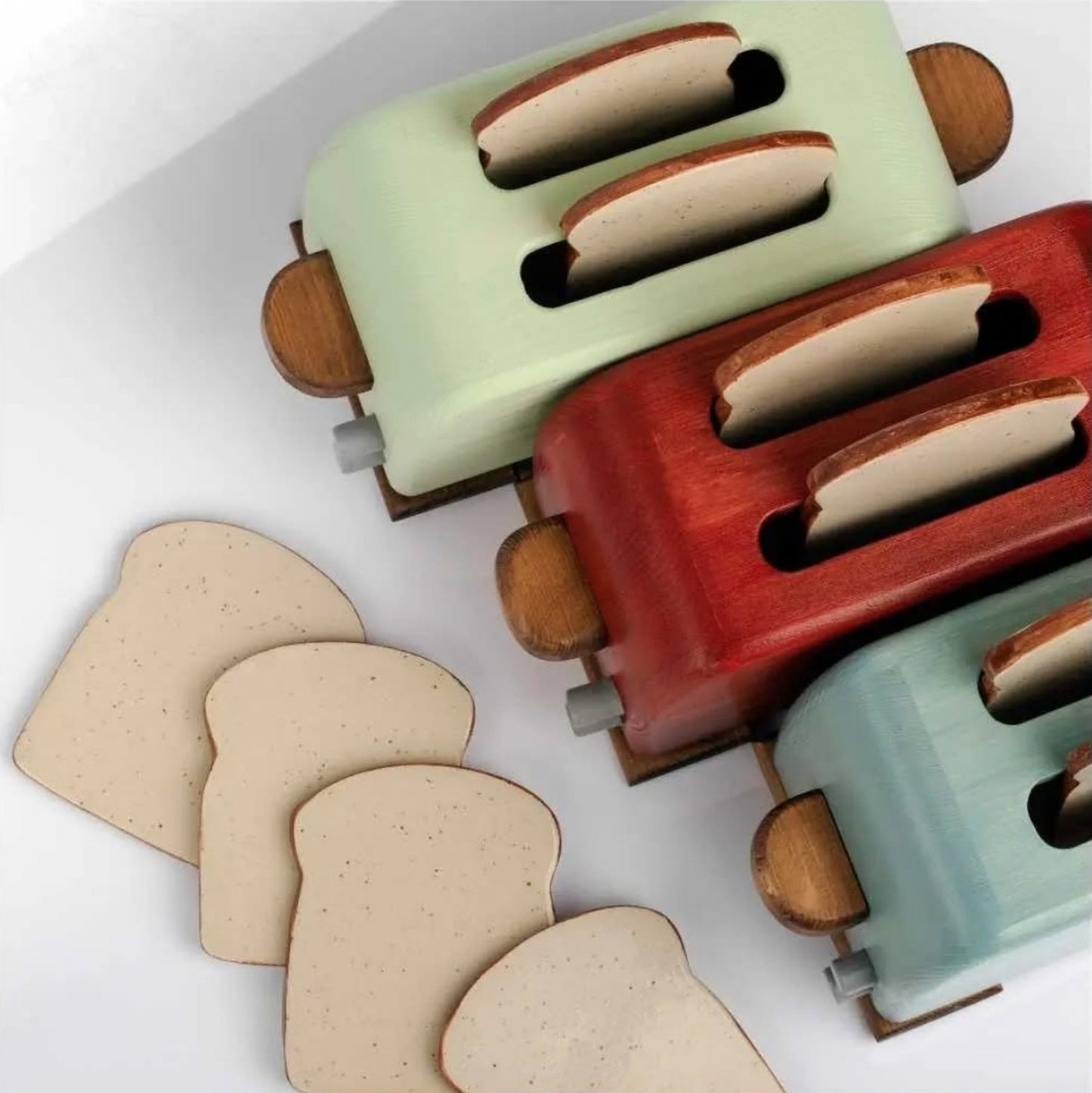 Ceramic Coasters Set of 4, Retro Wooden Toaster with Toast-Shaped Coasters, Quirky Housewarming Gift, Funny Coffee Table Decor