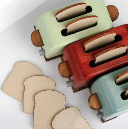 Ceramic Coasters Set of 4, Retro Wooden Toaster with Toast-Shaped Coasters, Quirky Housewarming Gift, Funny Coffee Table Decor