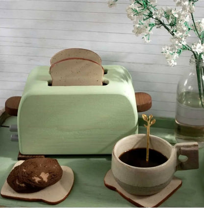 Ceramic Coasters Set of 4, Retro Wooden Toaster with Toast-Shaped Coasters, Quirky Housewarming Gift, Funny Coffee Table Decor