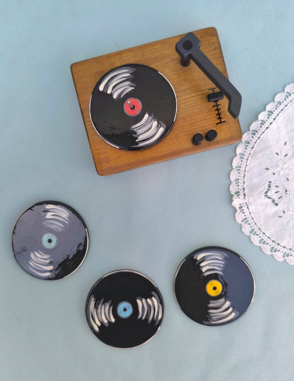 Wooden Record Player Coaster Holder with 4 Disc Shaped Ceramic Coasters, Music Producer Gifts