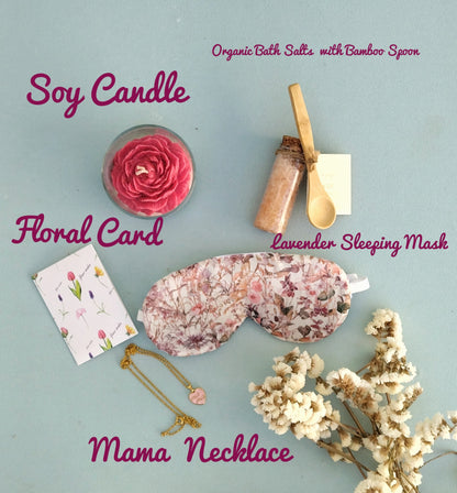 Mother's Day Spa Gift Box, Self Care Kit Gift From Daughter, Soy Candle / Eye Sleep Mask / Bath Salts And Mom Charm Necklace