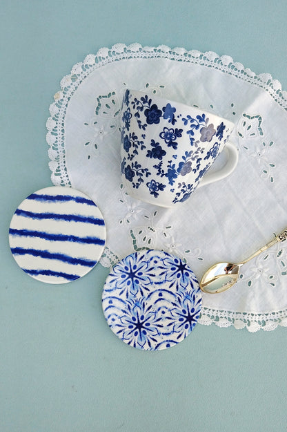Ceramic Blue And White Drink Coasters, Moroccan Tiles Inspired Round Coasters, Set Of 2, 4 Or 6