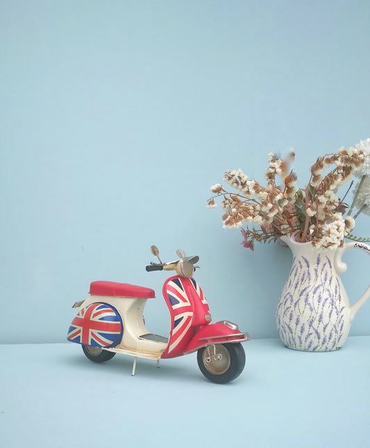 Vintage Metal Scooter With English Flag, Retro Collectible Motorcycle