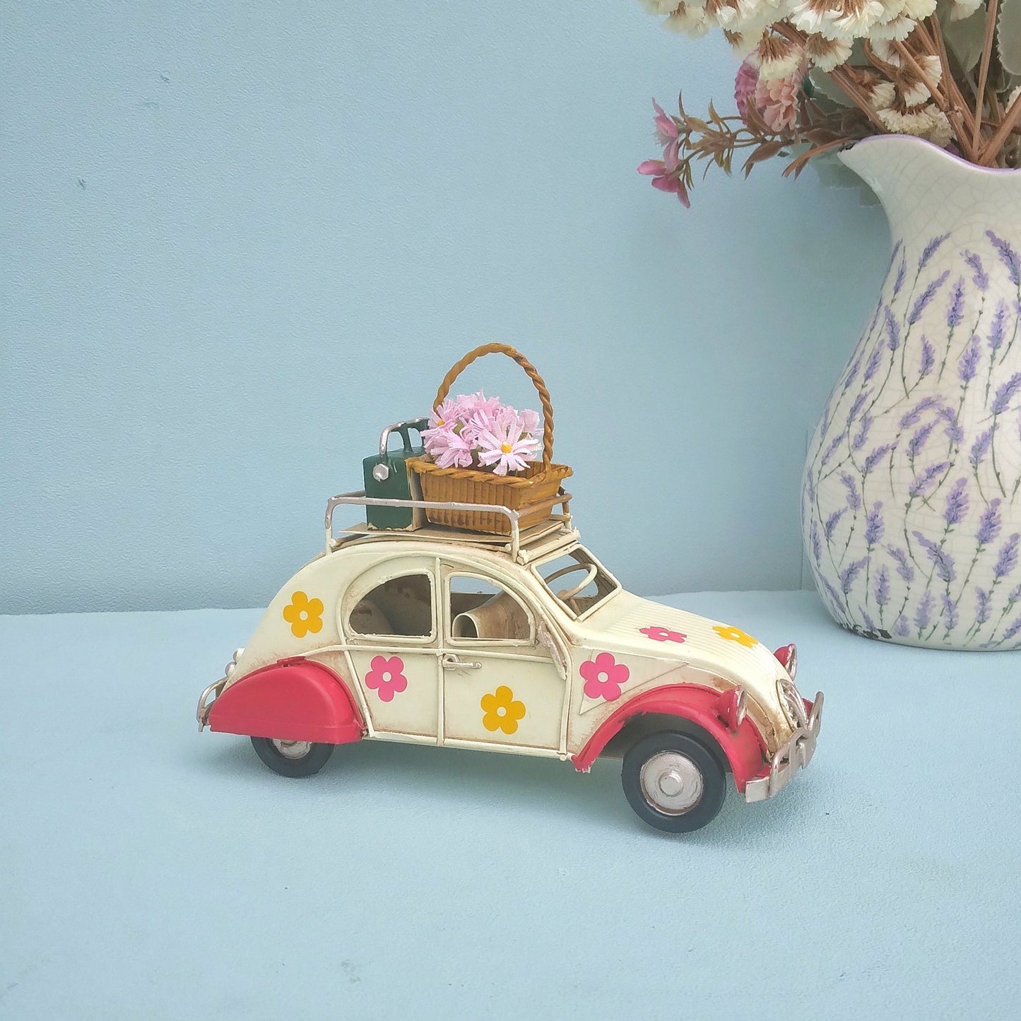 Retro Citroen 2 CV Metal Car With Baggage Rack And Flower Basket, Vintage 70s Style Beetle Car