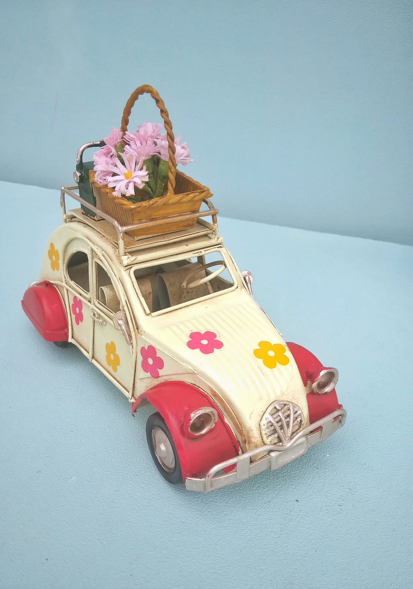 Retro Citroen 2 CV Metal Car With Baggage Rack And Flower Basket, Vintage 70s Style Beetle Car