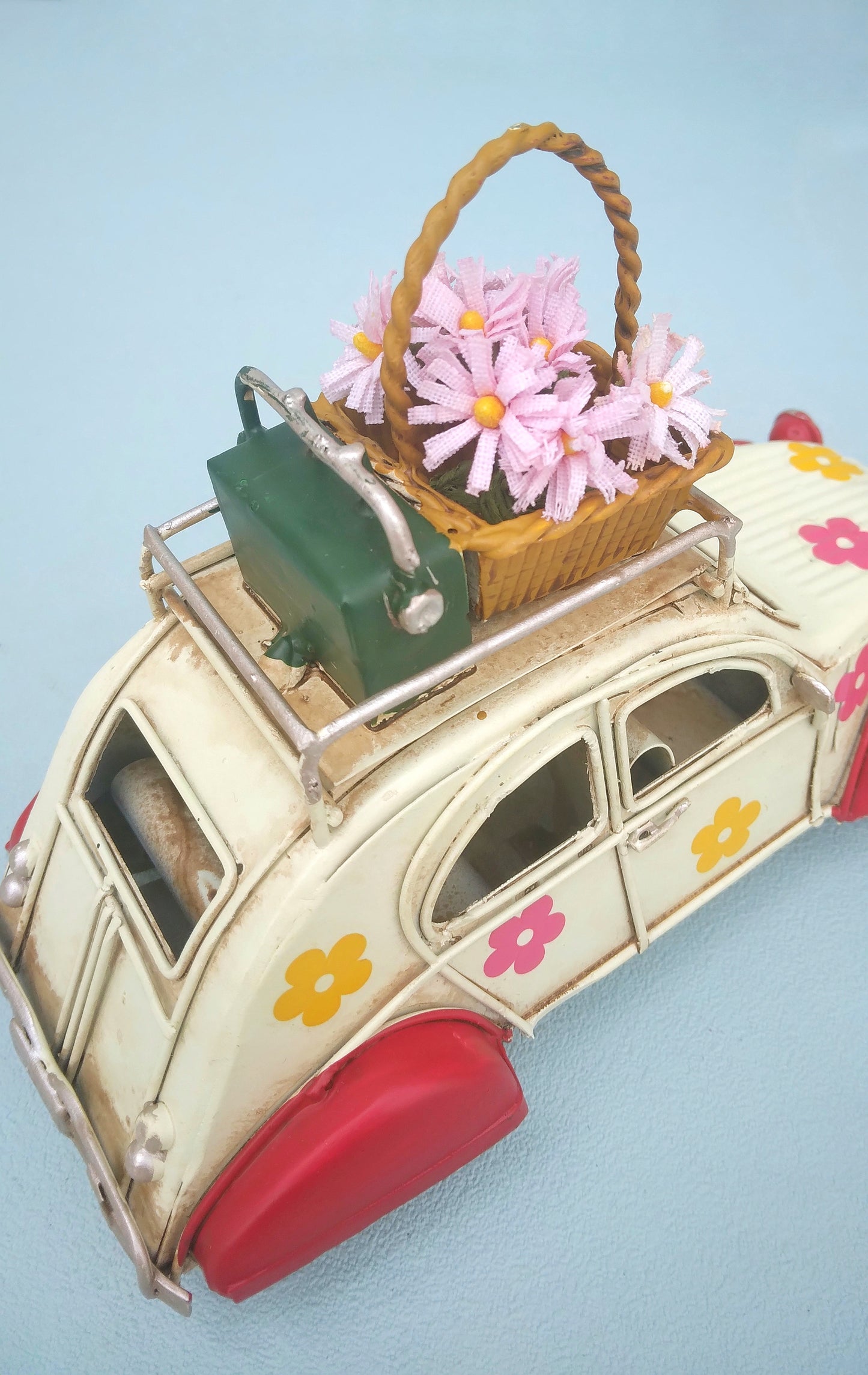 Retro Citroen 2 CV Metal Car With Baggage Rack And Flower Basket, Vintage 70s Style Beetle Car