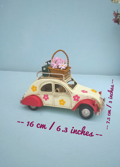 Retro Citroen 2 CV Metal Car With Baggage Rack And Flower Basket, Vintage 70s Style Beetle Car