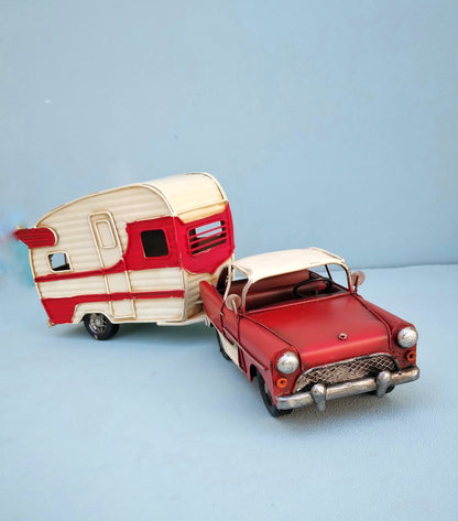 Retro Camping Van Replica, Vintage Aesthetic Cadillac With Caravan, Gift For Campers