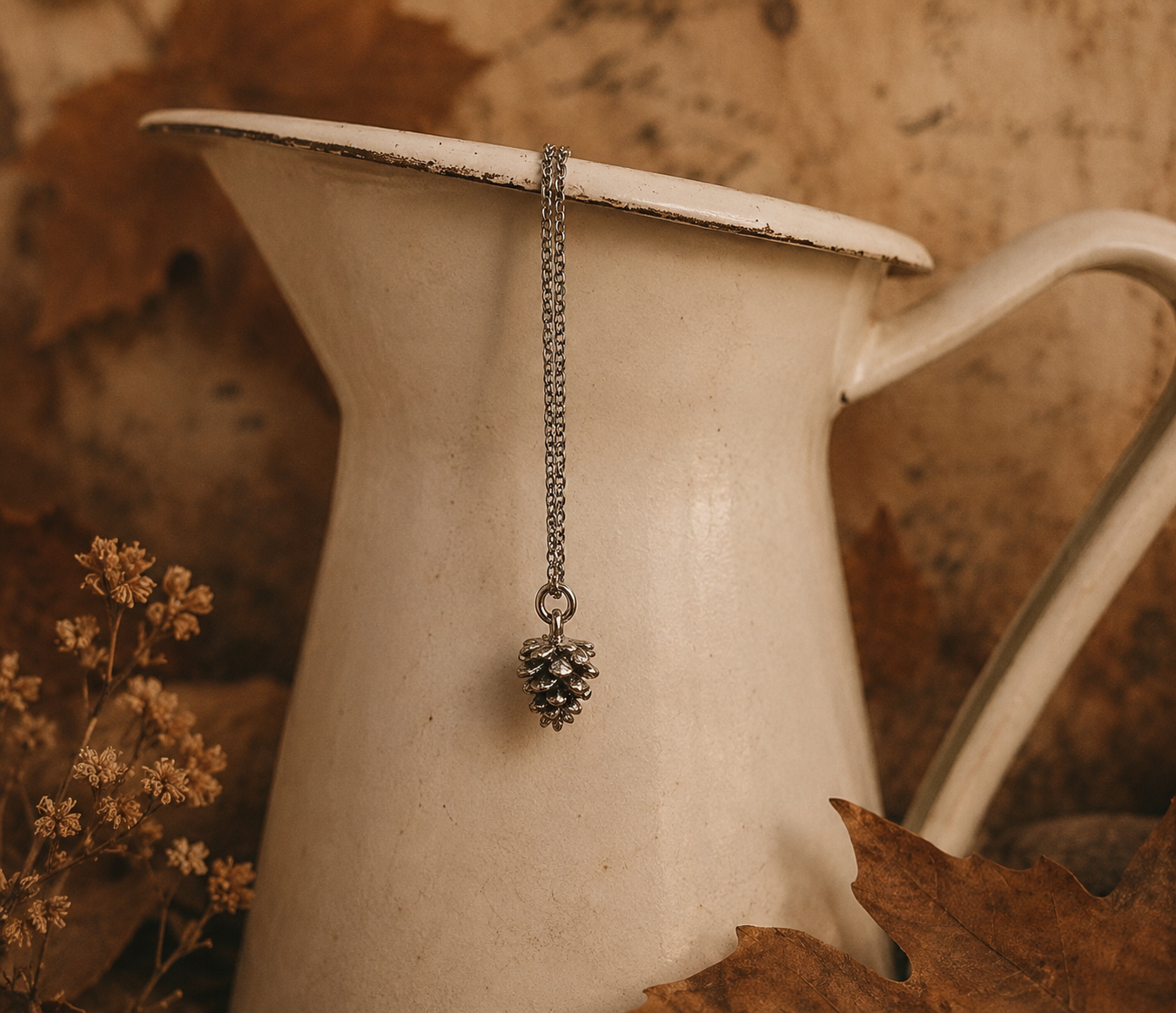 Silver Pinecone Necklace in Wooden Acorn Gift Box, Minimalist Woodland Jewelry