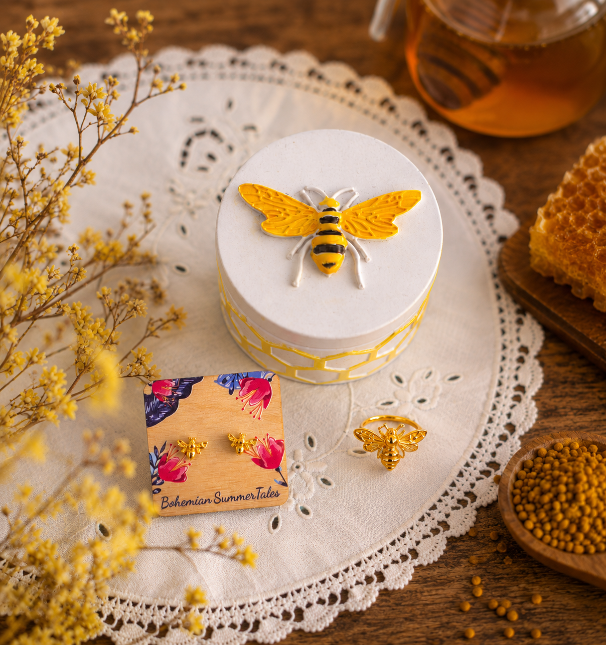 Bee Jewelry Set in Honeycomb Porcelain Jewelry Box, Adjustable Bee Ring and Tiny Bee Stud Earrings
