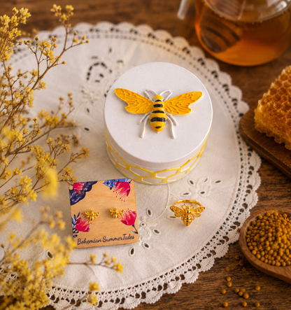 Bee Jewelry Set in Honeycomb Porcelain Jewelry Box, Adjustable Bee Ring and Tiny Bee Stud Earrings