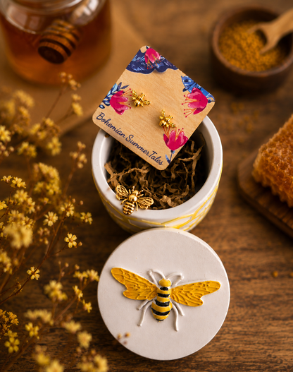 Bee Jewelry Set in Honeycomb Porcelain Jewelry Box, Adjustable Bee Ring and Tiny Bee Stud Earrings