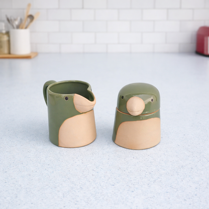 Bird Ceramic Creamer Set, Handmade Ceramic Milk Jug And Sugar Bowl, Silly Bird Breakfast Set